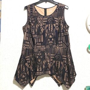 Lane Bryant Womens 14/16 Black Tan‎ Geometric Print Sleeveless Peplum Top sexy